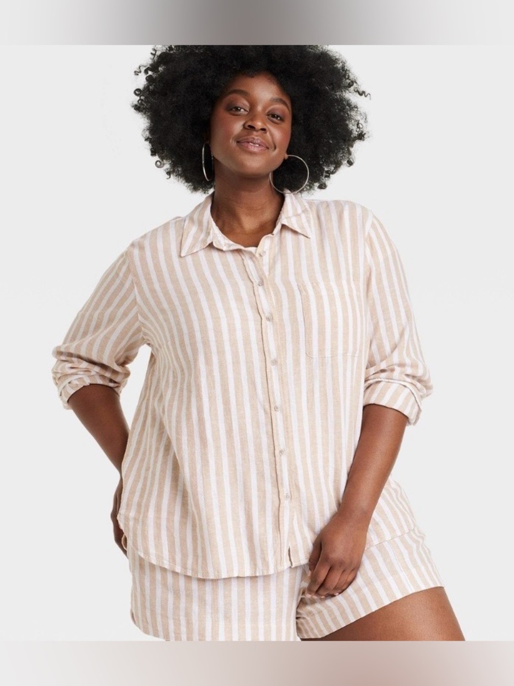Universal Thread Linen‎ Blend Button Down Shirt XXL Tan White Stripe Relaxed Fit